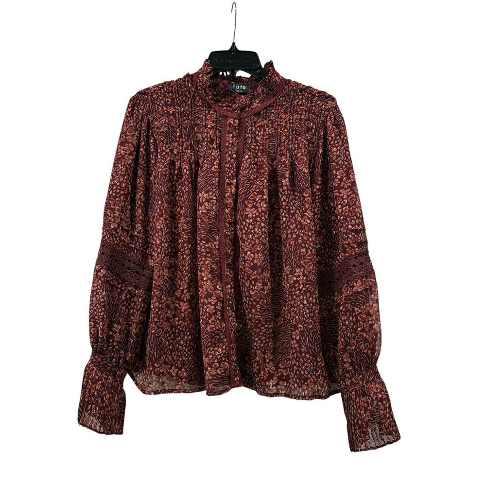 Fate Burgundy Maroon Metallic Puff Sleeve Floral Blouse Size M